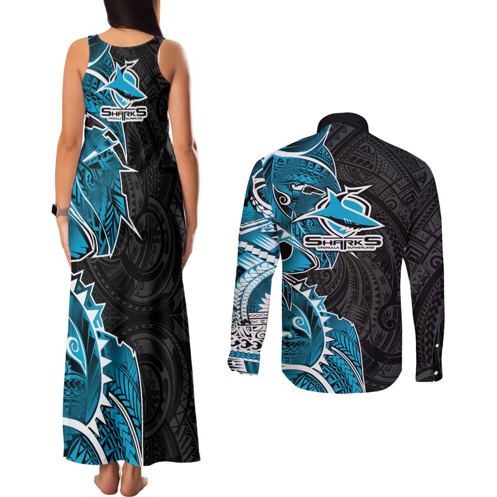 Cronulla Sharks Couples Matching Tank Maxi Dress and Long Sleeve Button Shirt Polynesian Tribal Tattoo Pacific Sport Art
