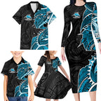 Cronulla Sharks Family Matching Long Sleeve Bodycon Dress and Hawaiian Shirt Polynesian Tribal Tattoo Pacific Sport Art
