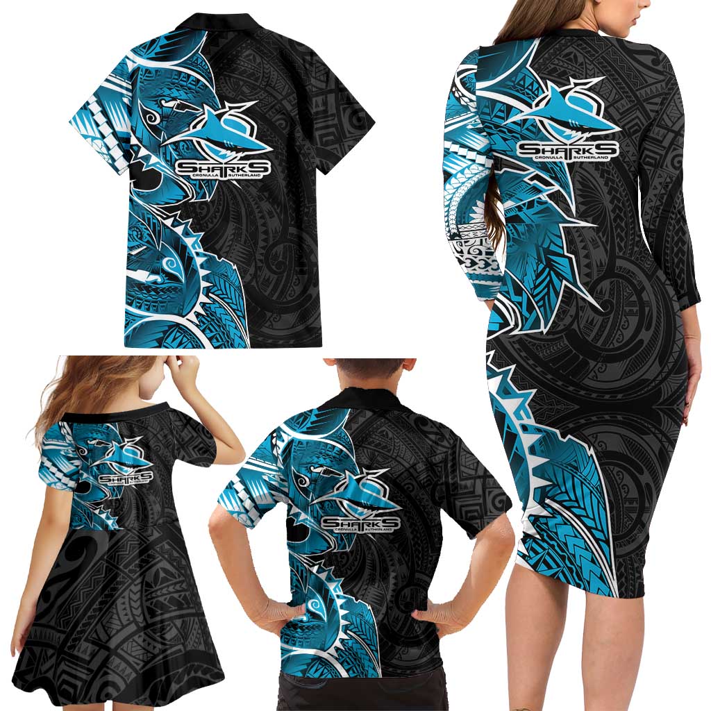 Cronulla Sharks Family Matching Long Sleeve Bodycon Dress and Hawaiian Shirt Polynesian Tribal Tattoo Pacific Sport Art