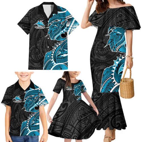 Cronulla Sharks Family Matching Mermaid Dress and Hawaiian Shirt Polynesian Tribal Tattoo Pacific Sport Art
