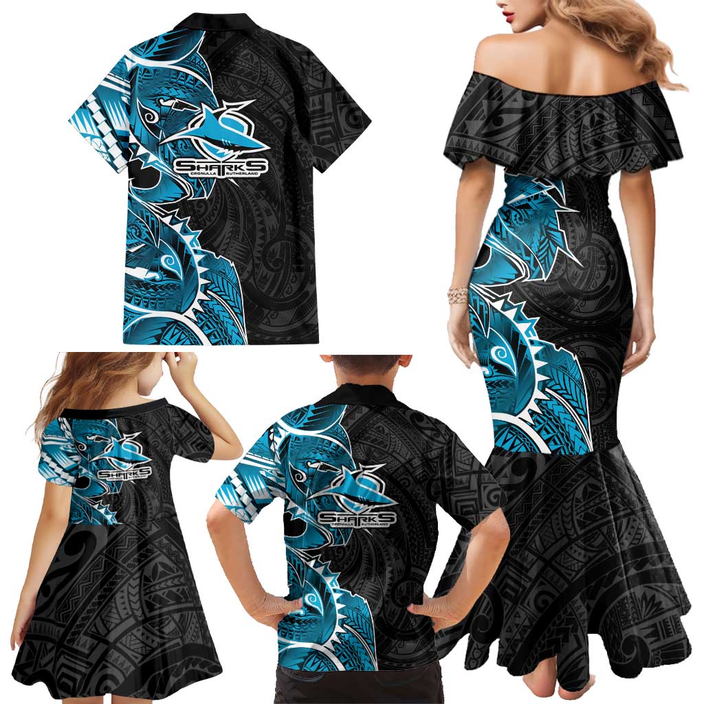 Cronulla Sharks Family Matching Mermaid Dress and Hawaiian Shirt Polynesian Tribal Tattoo Pacific Sport Art