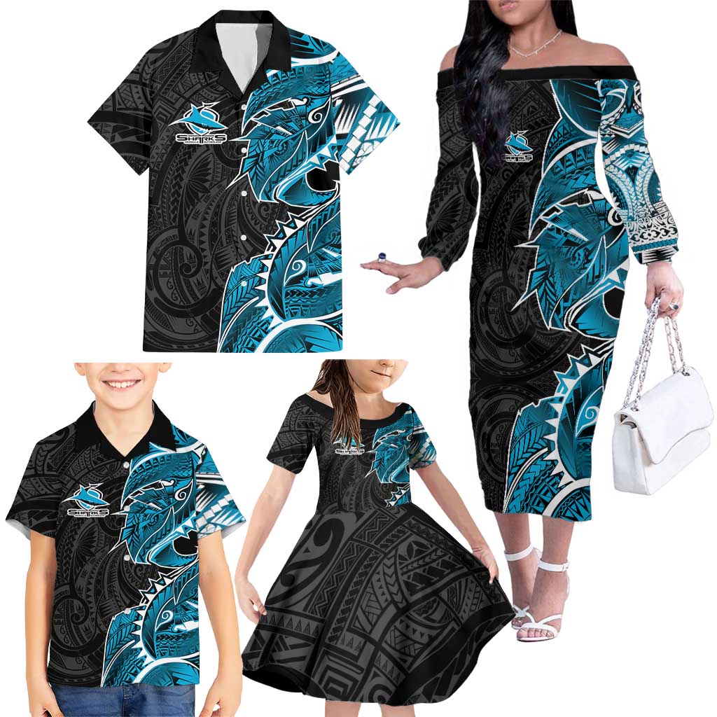 Cronulla Sharks Family Matching Off The Shoulder Long Sleeve Dress and Hawaiian Shirt Polynesian Tribal Tattoo Pacific Sport Art