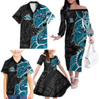 Cronulla Sharks Family Matching Off The Shoulder Long Sleeve Dress and Hawaiian Shirt Polynesian Tribal Tattoo Pacific Sport Art