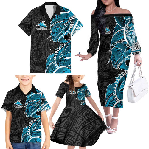 Cronulla Sharks Family Matching Off The Shoulder Long Sleeve Dress and Hawaiian Shirt Polynesian Tribal Tattoo Pacific Sport Art