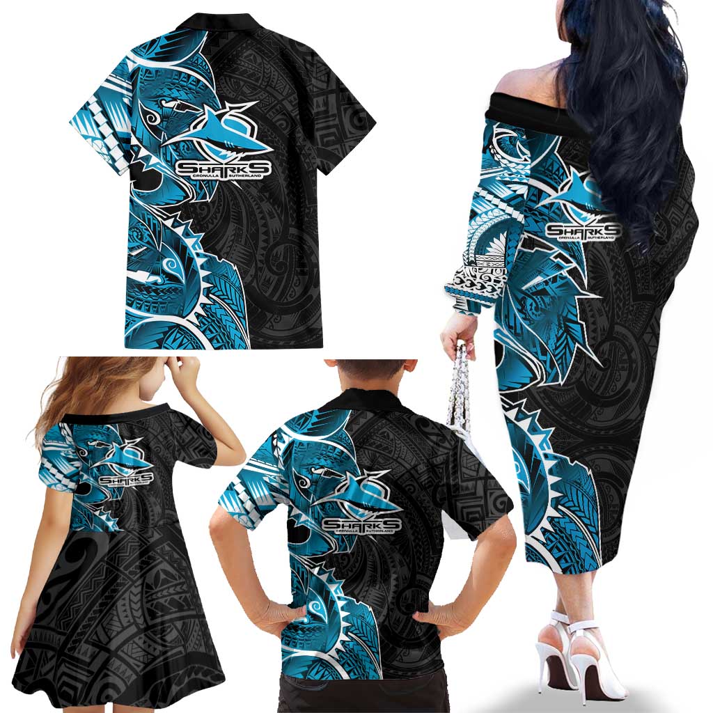 Cronulla Sharks Family Matching Off The Shoulder Long Sleeve Dress and Hawaiian Shirt Polynesian Tribal Tattoo Pacific Sport Art