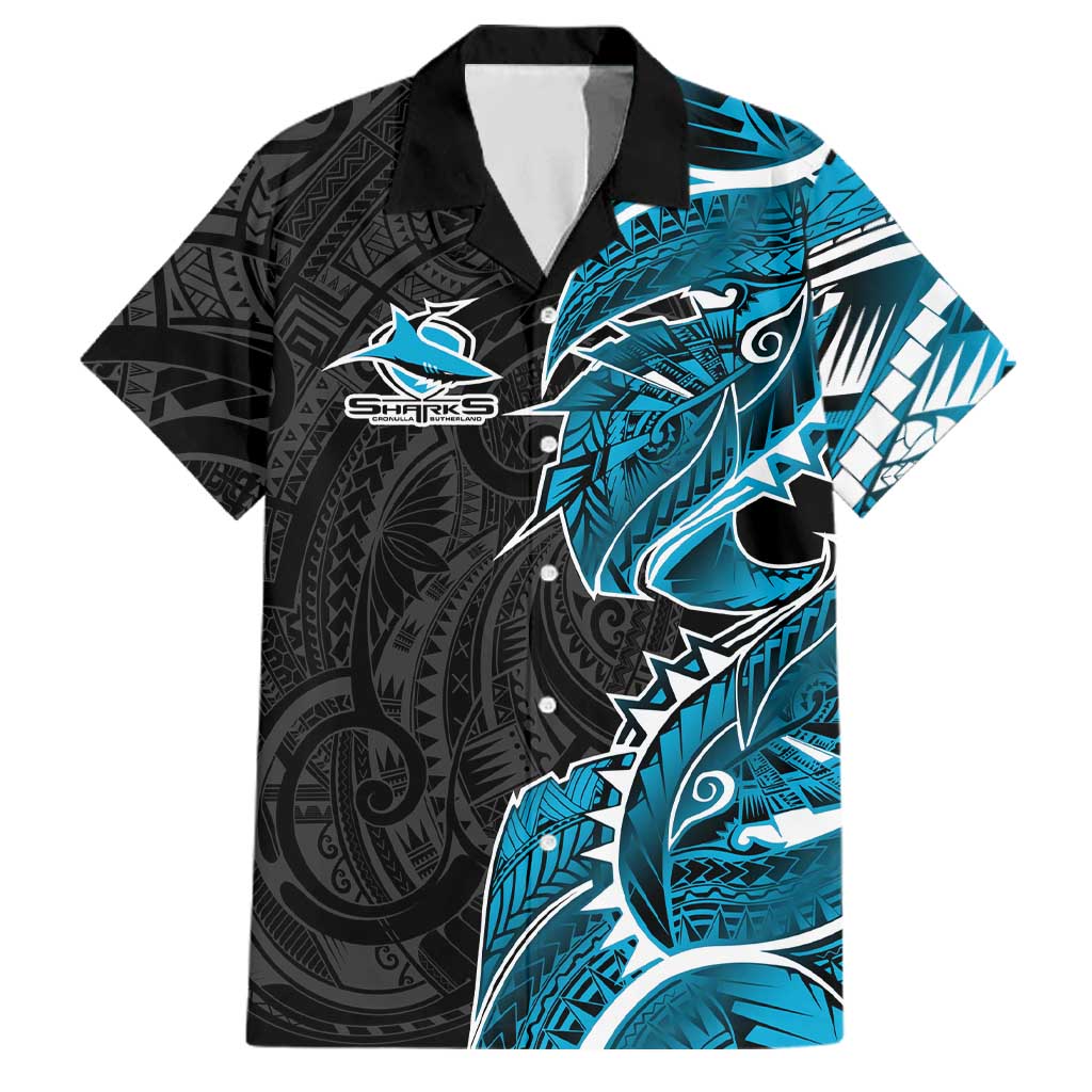 Cronulla Sharks Family Matching Off The Shoulder Long Sleeve Dress and Hawaiian Shirt Polynesian Tribal Tattoo Pacific Sport Art