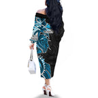 Cronulla Sharks Family Matching Off The Shoulder Long Sleeve Dress and Hawaiian Shirt Polynesian Tribal Tattoo Pacific Sport Art