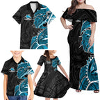 Cronulla Sharks Family Matching Off Shoulder Maxi Dress and Hawaiian Shirt Polynesian Tribal Tattoo Pacific Sport Art