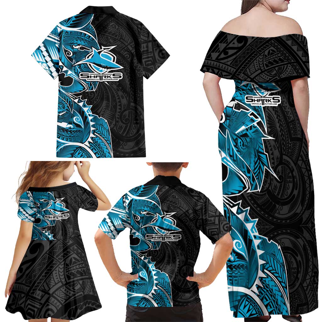 Cronulla Sharks Family Matching Off Shoulder Maxi Dress and Hawaiian Shirt Polynesian Tribal Tattoo Pacific Sport Art