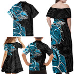 Cronulla Sharks Family Matching Off Shoulder Maxi Dress and Hawaiian Shirt Polynesian Tribal Tattoo Pacific Sport Art