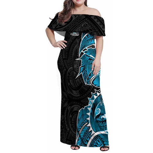 Cronulla Sharks Family Matching Off Shoulder Maxi Dress and Hawaiian Shirt Polynesian Tribal Tattoo Pacific Sport Art