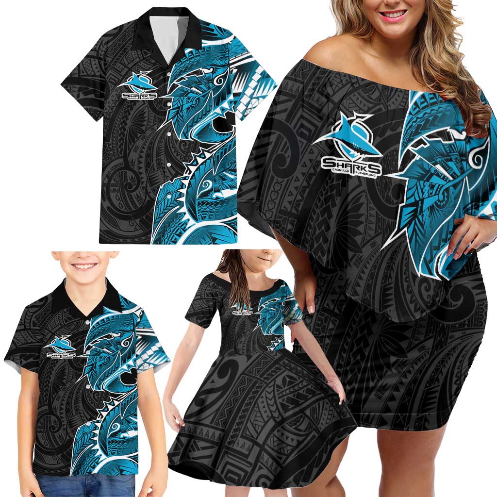 Cronulla Sharks Family Matching Off Shoulder Short Dress and Hawaiian Shirt Polynesian Tribal Tattoo Pacific Sport Art
