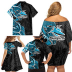 Cronulla Sharks Family Matching Off Shoulder Short Dress and Hawaiian Shirt Polynesian Tribal Tattoo Pacific Sport Art