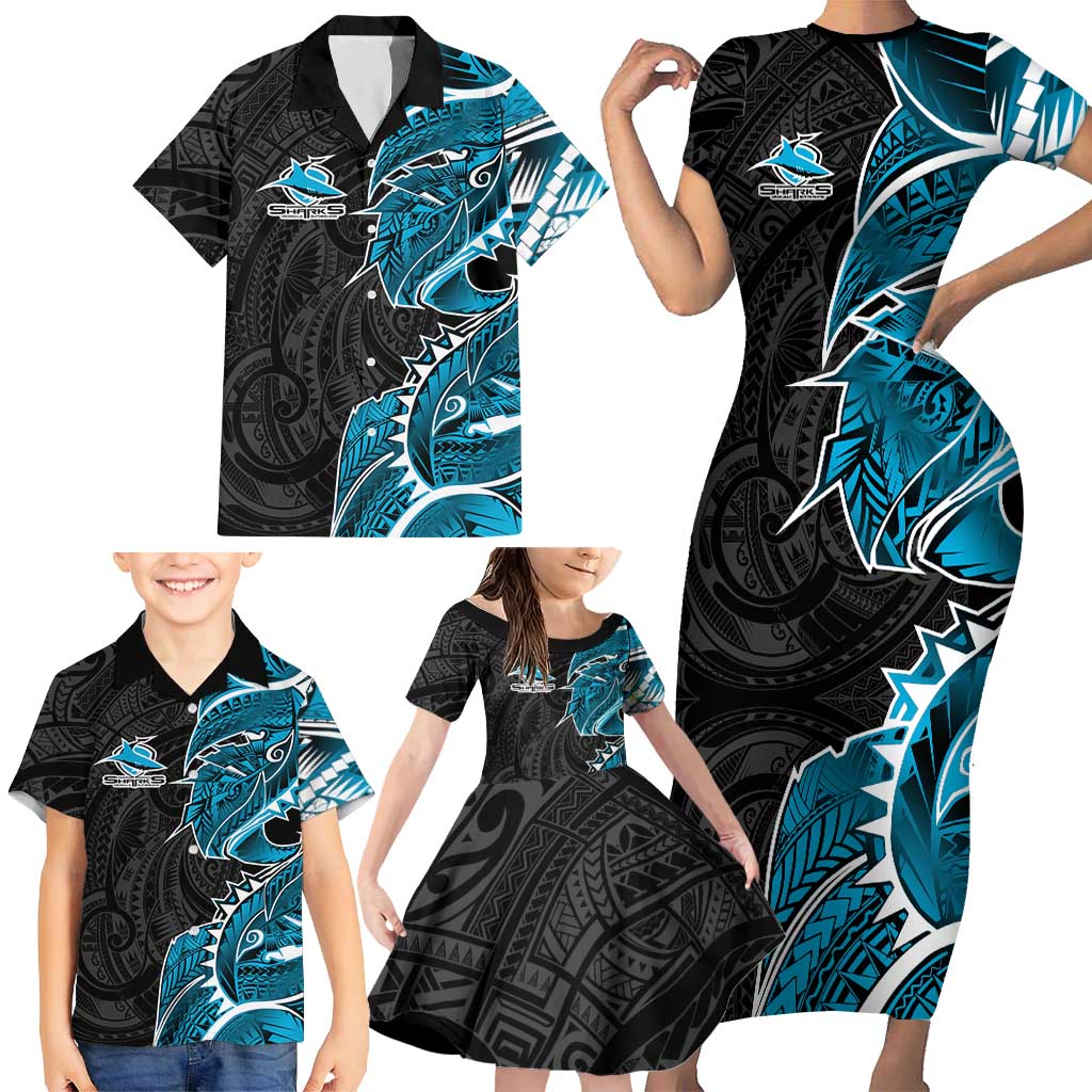 Cronulla Sharks Family Matching Short Sleeve Bodycon Dress and Hawaiian Shirt Polynesian Tribal Tattoo Pacific Sport Art
