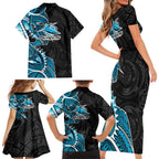 Cronulla Sharks Family Matching Short Sleeve Bodycon Dress and Hawaiian Shirt Polynesian Tribal Tattoo Pacific Sport Art