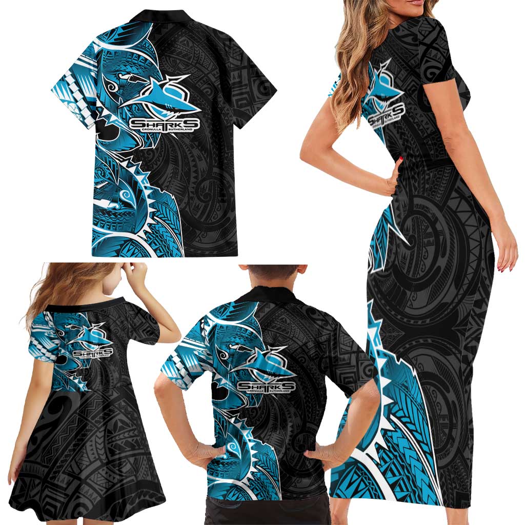 Cronulla Sharks Family Matching Short Sleeve Bodycon Dress and Hawaiian Shirt Polynesian Tribal Tattoo Pacific Sport Art