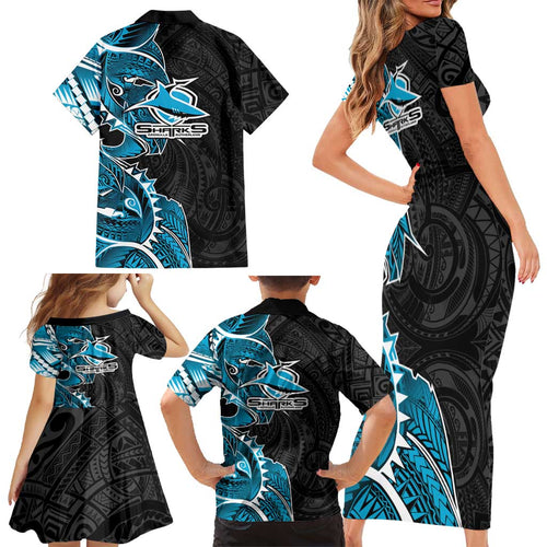 Cronulla Sharks Family Matching Short Sleeve Bodycon Dress and Hawaiian Shirt Polynesian Tribal Tattoo Pacific Sport Art