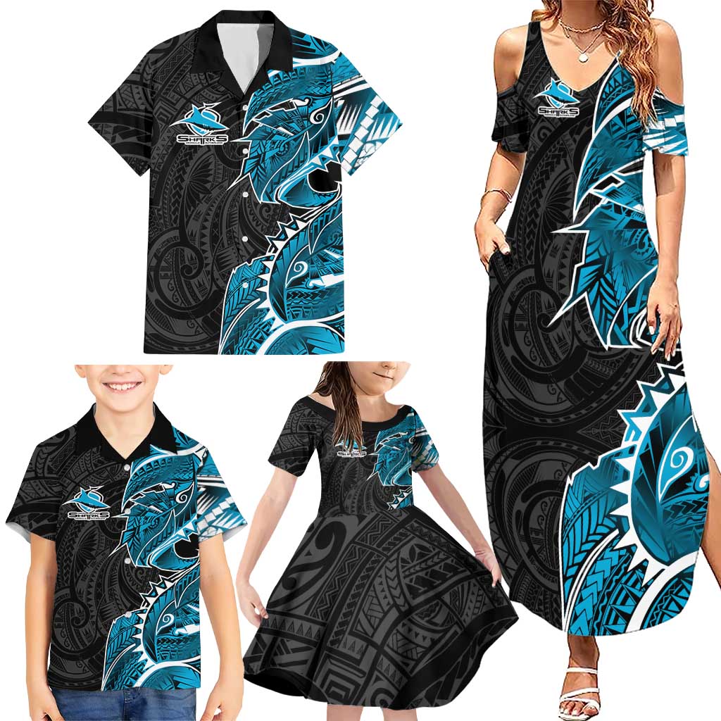 Cronulla Sharks Family Matching Summer Maxi Dress and Hawaiian Shirt Polynesian Tribal Tattoo Pacific Sport Art