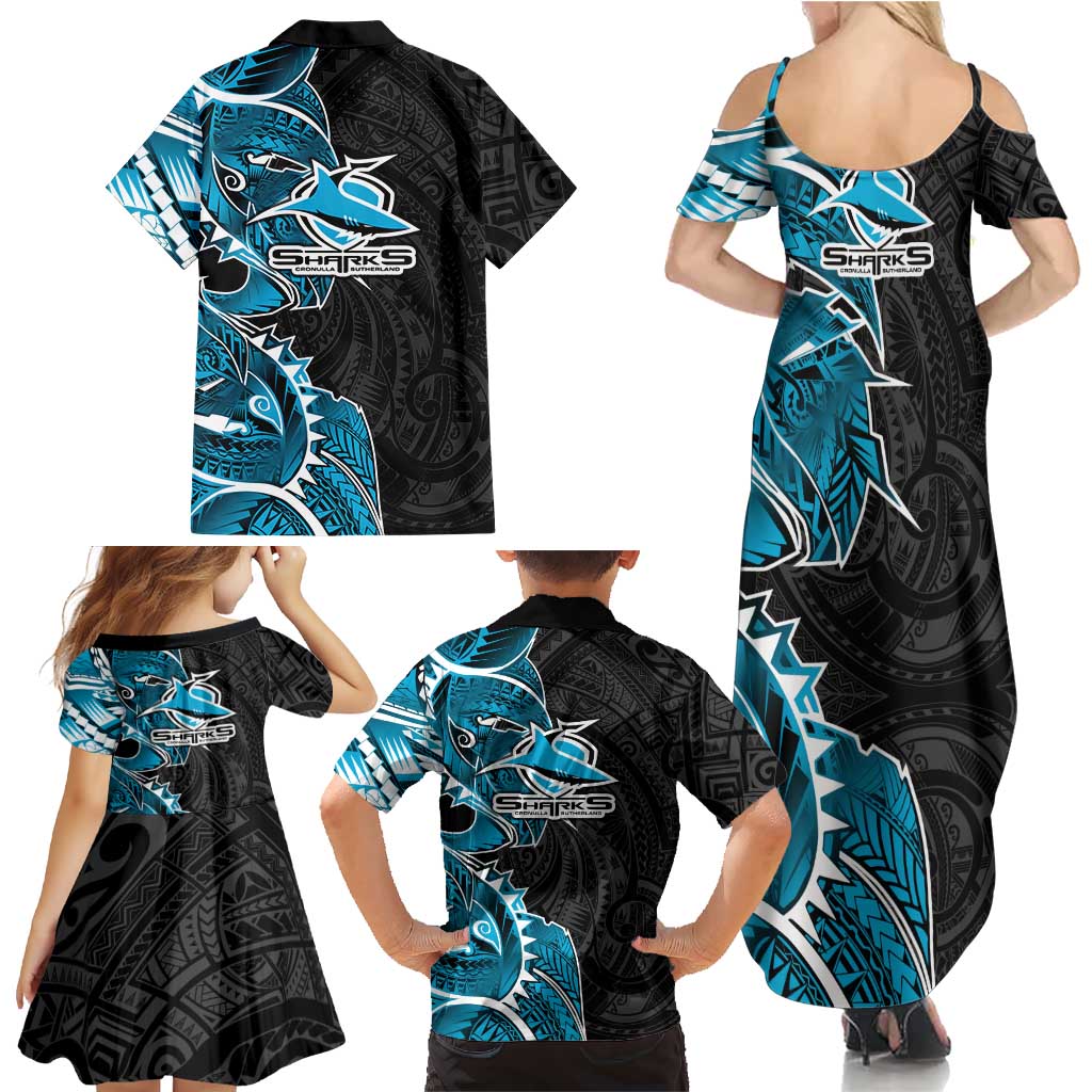 Cronulla Sharks Family Matching Summer Maxi Dress and Hawaiian Shirt Polynesian Tribal Tattoo Pacific Sport Art