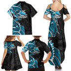 Cronulla Sharks Family Matching Summer Maxi Dress and Hawaiian Shirt Polynesian Tribal Tattoo Pacific Sport Art