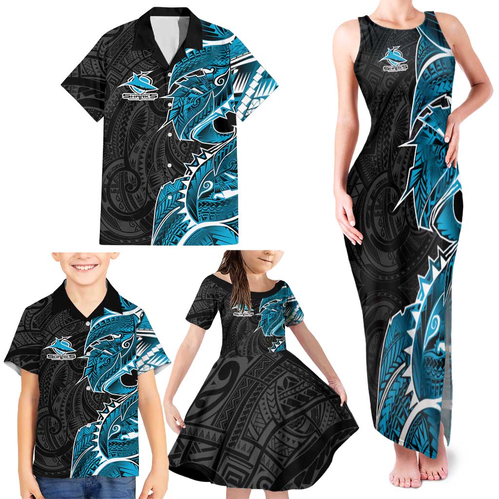 Cronulla Sharks Family Matching Tank Maxi Dress and Hawaiian Shirt Polynesian Tribal Tattoo Pacific Sport Art