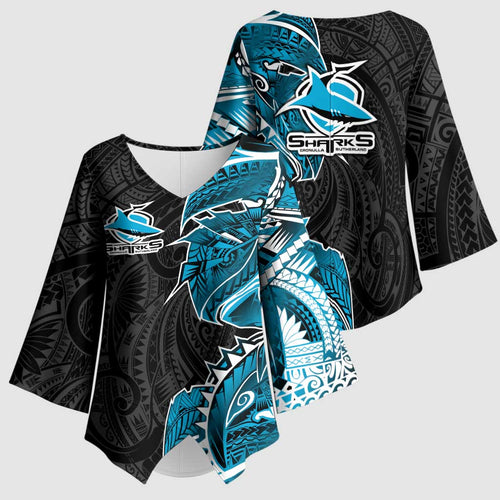 Cronulla Sharks Kimono Sleeve Blouse Polynesian Tribal Tattoo Pacific Sport Art