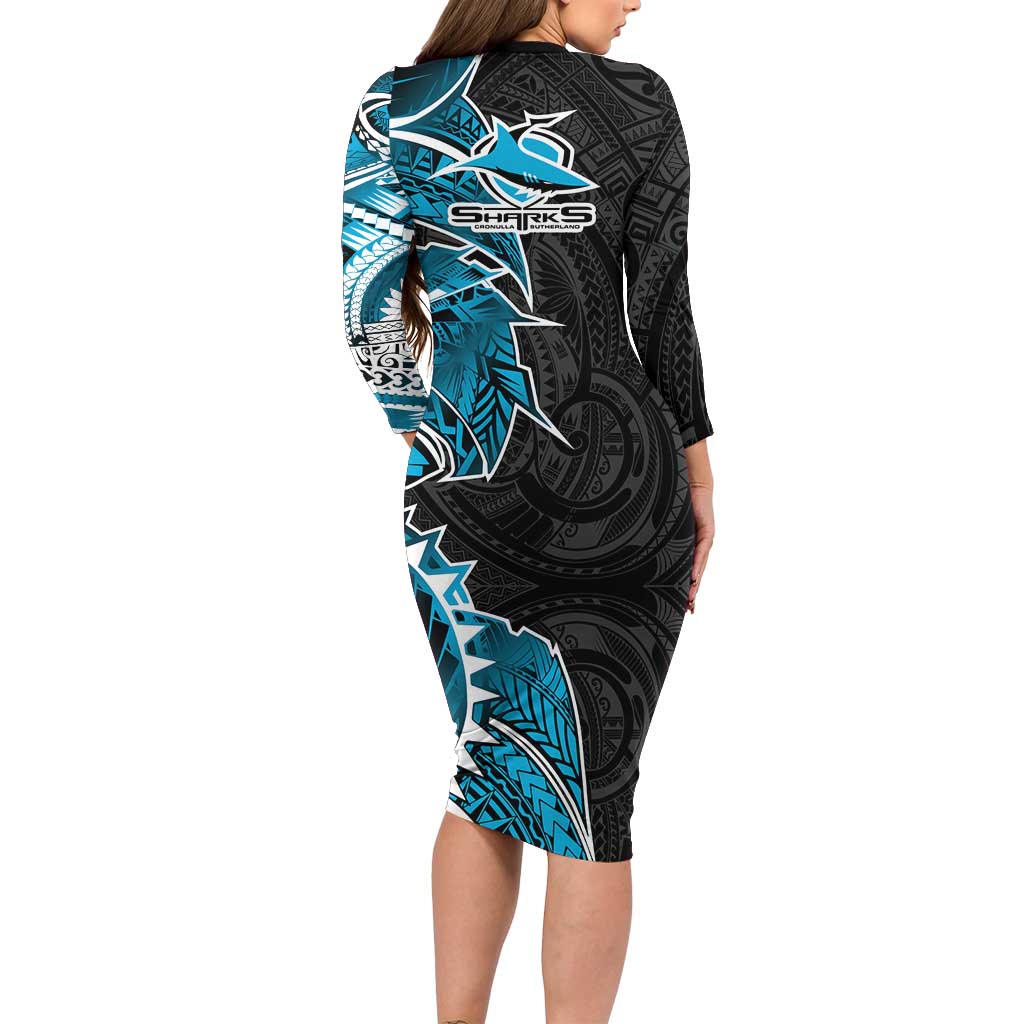 Cronulla Sharks Long Sleeve Bodycon Dress Polynesian Tribal Tattoo Pacific Sport Art