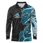 Cronulla Sharks Long Sleeve Polo Shirt Polynesian Tribal Tattoo Pacific Sport Art