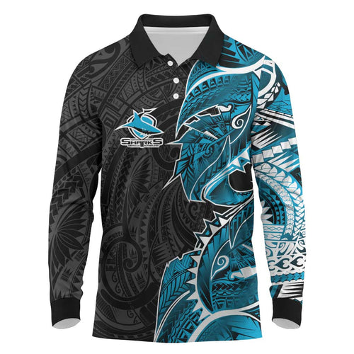 Cronulla Sharks Long Sleeve Polo Shirt Polynesian Tribal Tattoo Pacific Sport Art