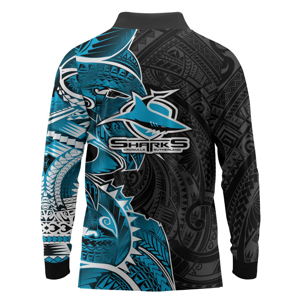 Cronulla Sharks Long Sleeve Polo Shirt Polynesian Tribal Tattoo Pacific Sport Art