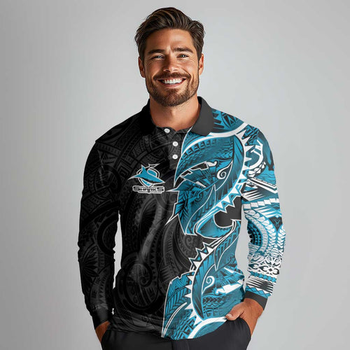 Cronulla Sharks Long Sleeve Polo Shirt Polynesian Tribal Tattoo Pacific Sport Art