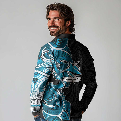 Cronulla Sharks Long Sleeve Polo Shirt Polynesian Tribal Tattoo Pacific Sport Art