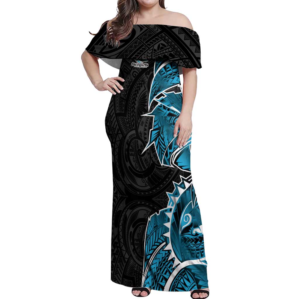 Cronulla Sharks Off Shoulder Maxi Dress Polynesian Tribal Tattoo Pacific Sport Art