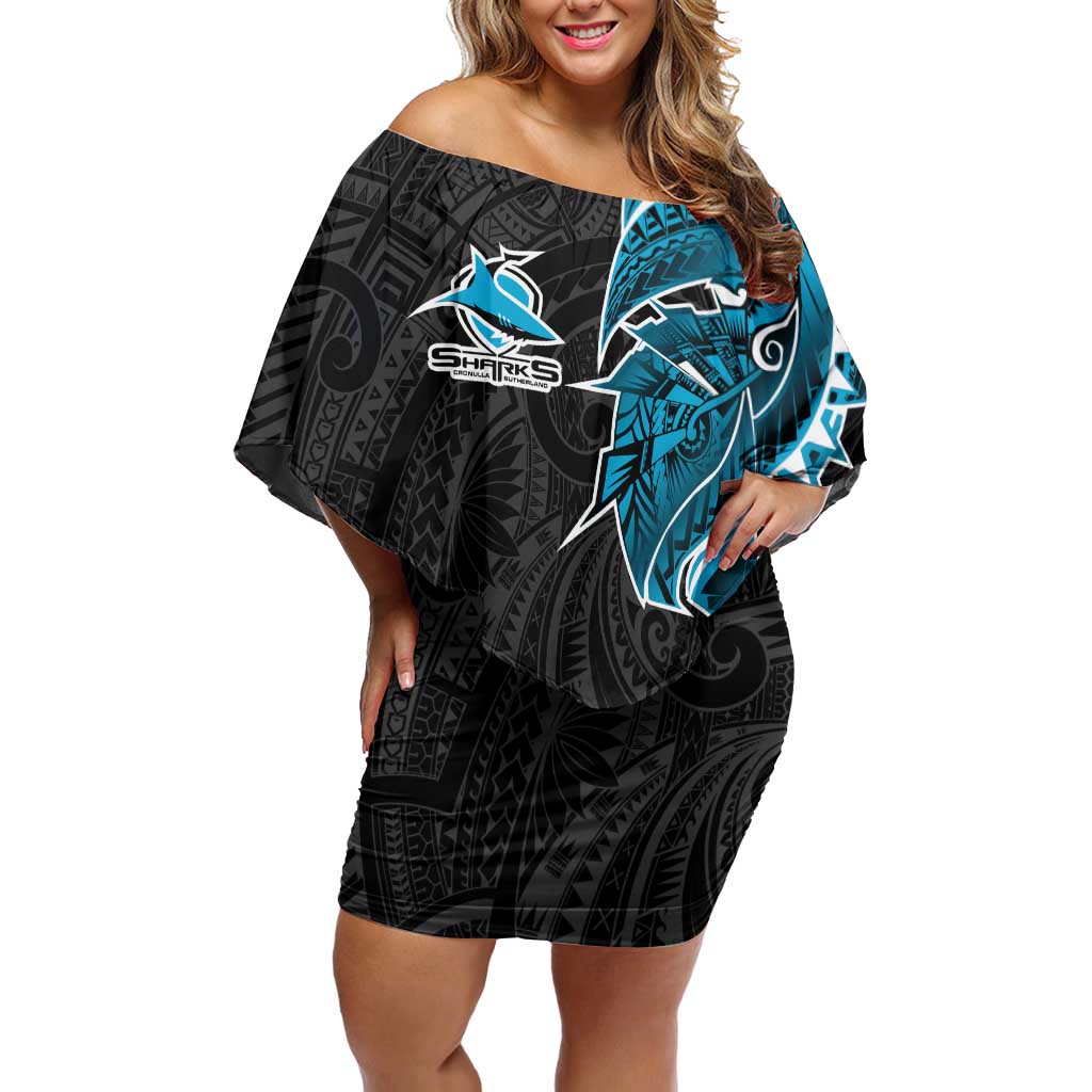 Cronulla Sharks Off Shoulder Short Dress Polynesian Tribal Tattoo Pacific Sport Art