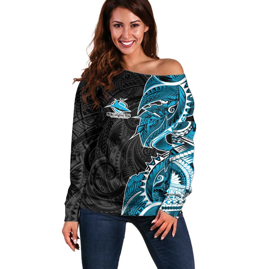 Cronulla Sharks Off Shoulder Sweater Polynesian Tribal Tattoo Pacific Sport Art