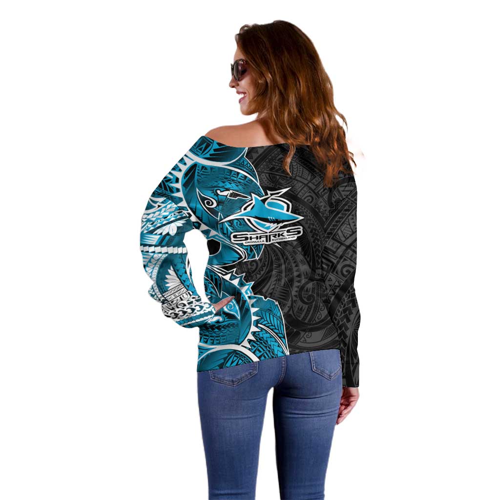Cronulla Sharks Off Shoulder Sweater Polynesian Tribal Tattoo Pacific Sport Art