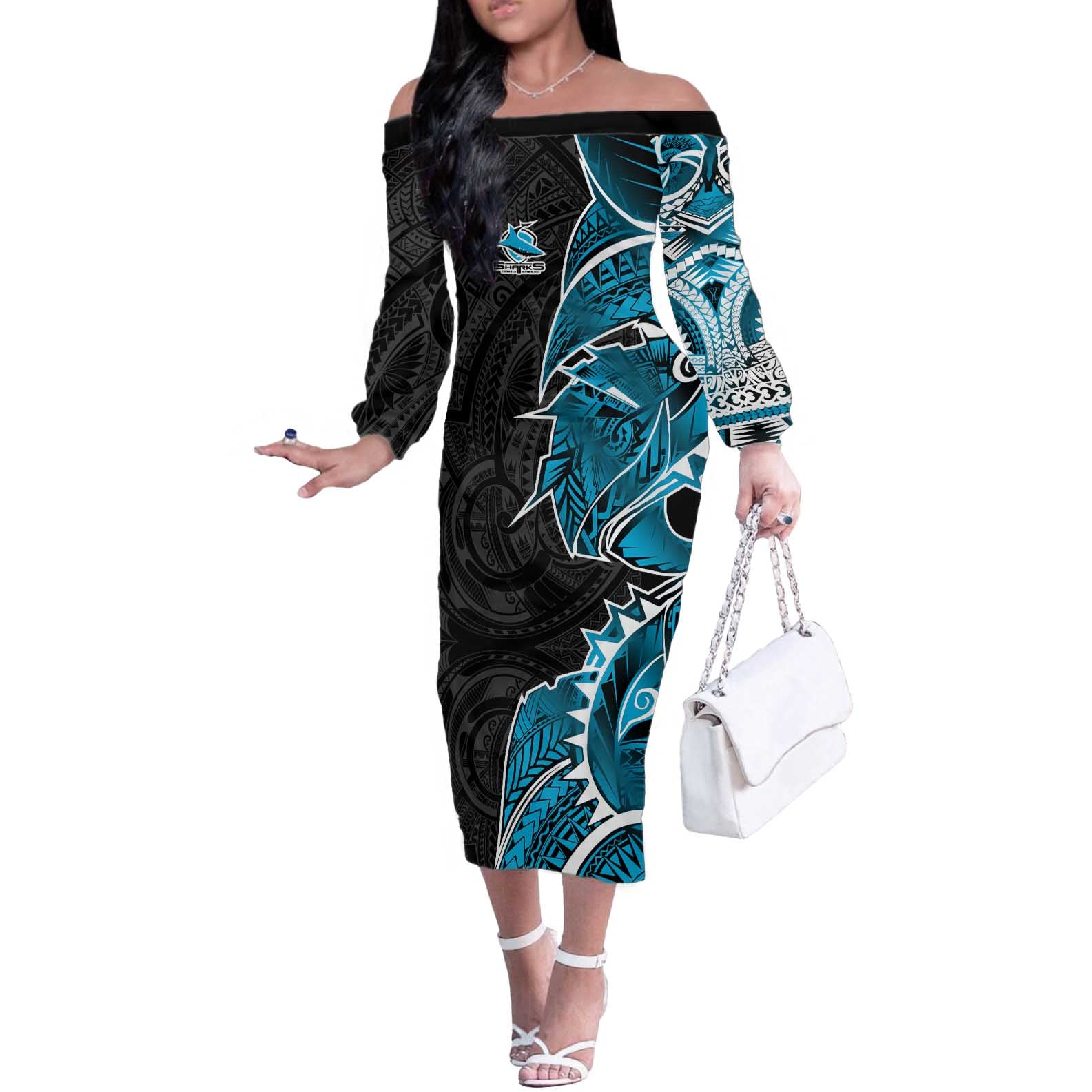 Cronulla Sharks Off The Shoulder Long Sleeve Dress Polynesian Tribal Tattoo Pacific Sport Art