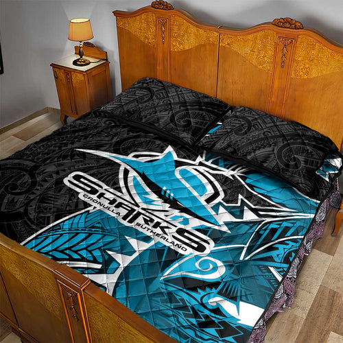 Cronulla Sharks Quilt Bed Set Polynesian Tribal Tattoo Pacific Sport Art