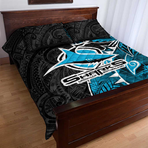 Cronulla Sharks Quilt Bed Set Polynesian Tribal Tattoo Pacific Sport Art