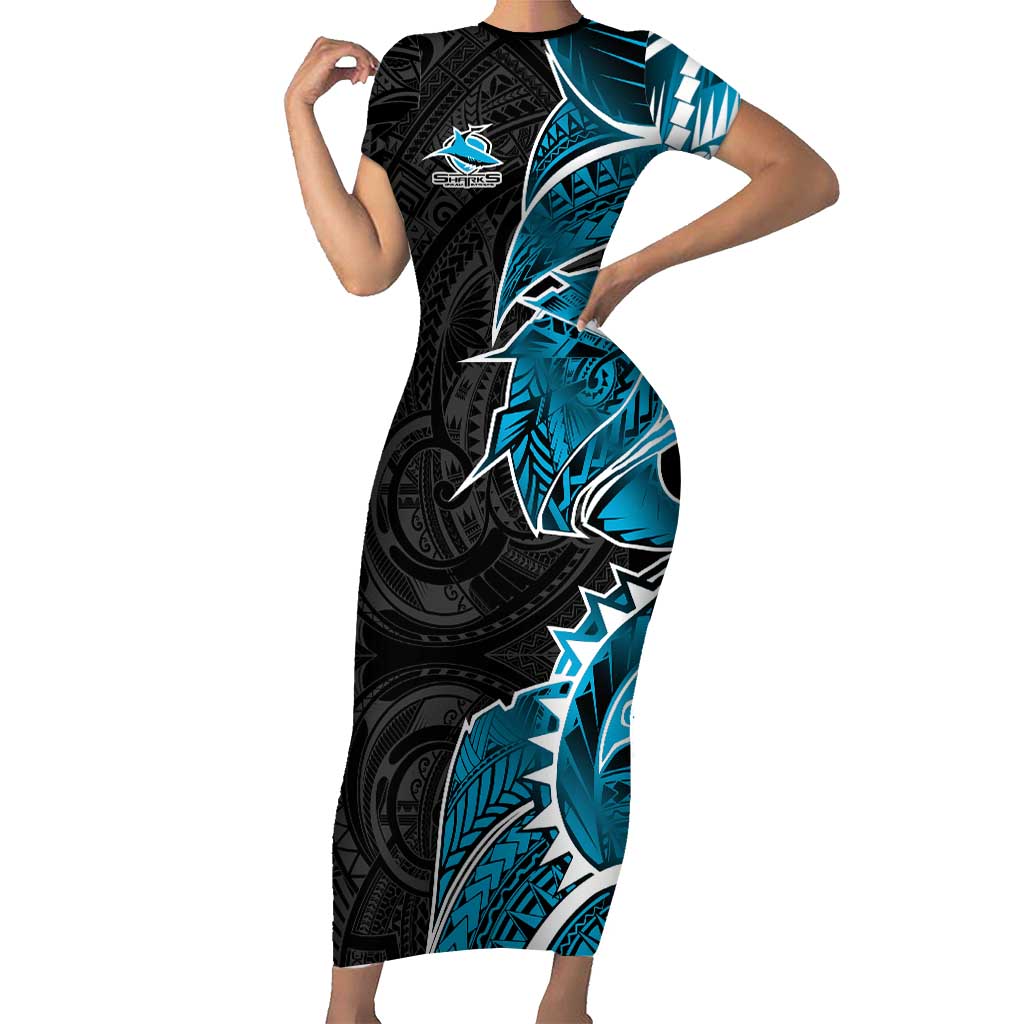 Cronulla Sharks Short Sleeve Bodycon Dress Polynesian Tribal Tattoo Pacific Sport Art