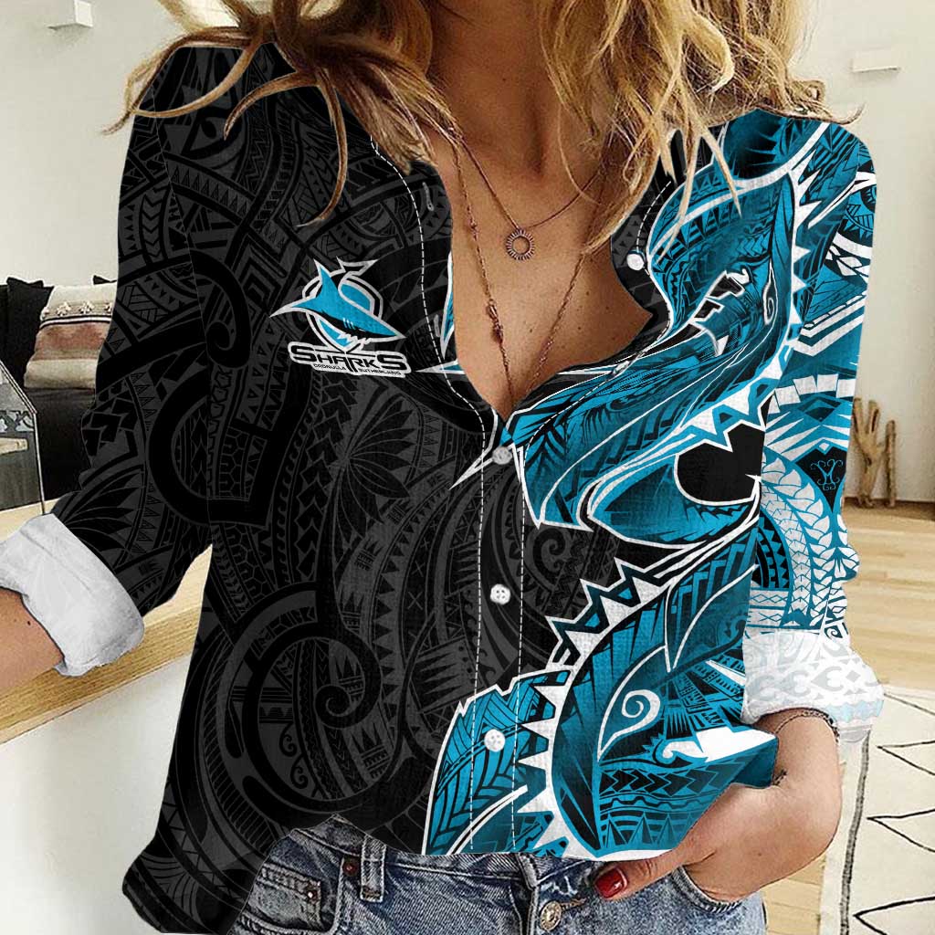 Cronulla Sharks Women Casual Shirt Polynesian Tribal Tattoo Pacific Sport Art