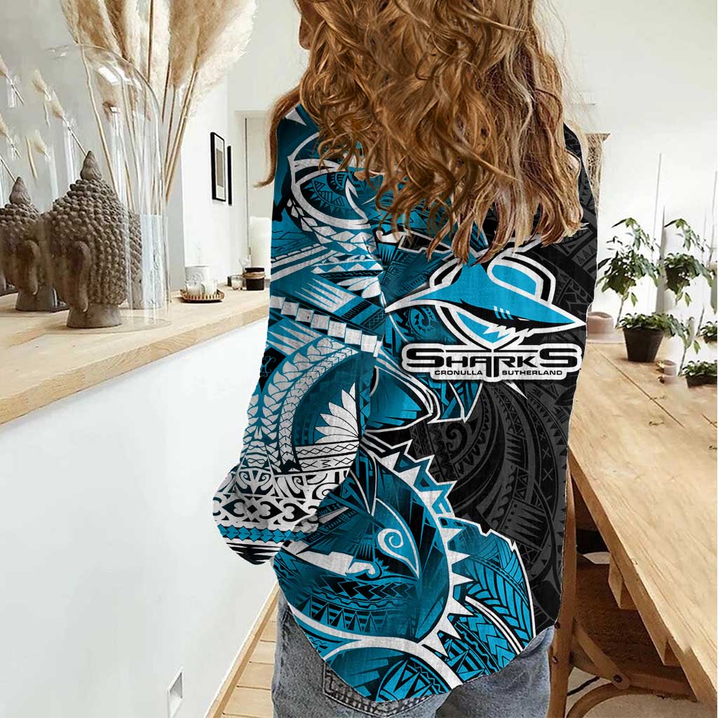 Cronulla Sharks Women Casual Shirt Polynesian Tribal Tattoo Pacific Sport Art