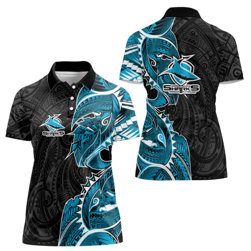 Cronulla Sharks Women Polo Shirt Polynesian Tribal Tattoo Pacific Sport Art