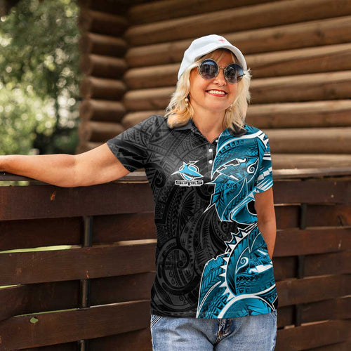 Cronulla Sharks Women Polo Shirt Polynesian Tribal Tattoo Pacific Sport Art