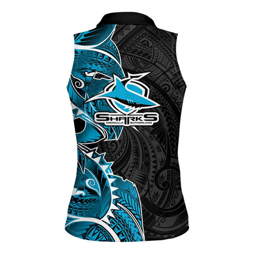 Cronulla Sharks Women Sleeveless Polo Shirt Polynesian Tribal Tattoo Pacific Sport Art
