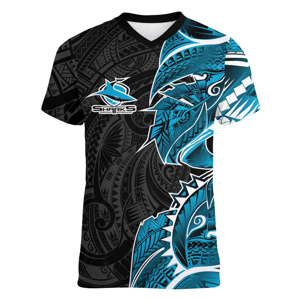 Cronulla Sharks Women V-Neck T-Shirt Polynesian Tribal Tattoo Pacific Sport Art