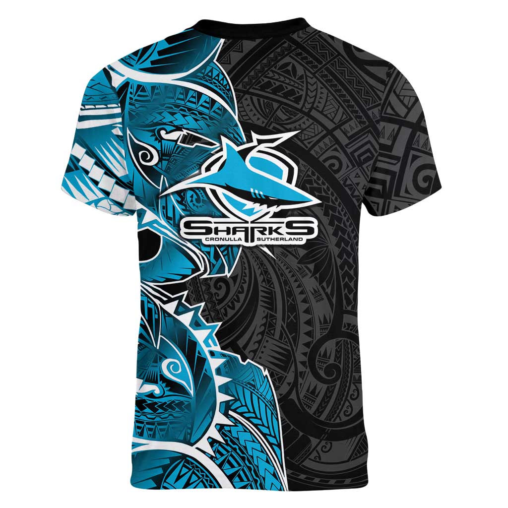 Cronulla Sharks Women V-Neck T-Shirt Polynesian Tribal Tattoo Pacific Sport Art