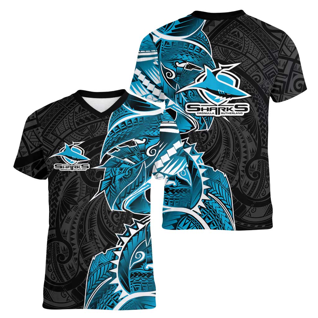 Cronulla Sharks Women V-Neck T-Shirt Polynesian Tribal Tattoo Pacific Sport Art