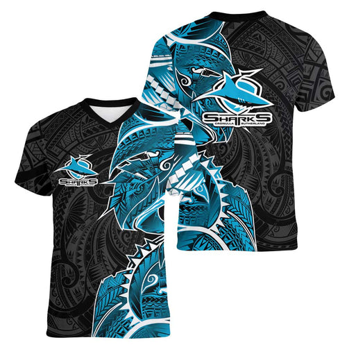 Cronulla Sharks Women V-Neck T-Shirt Polynesian Tribal Tattoo Pacific Sport Art
