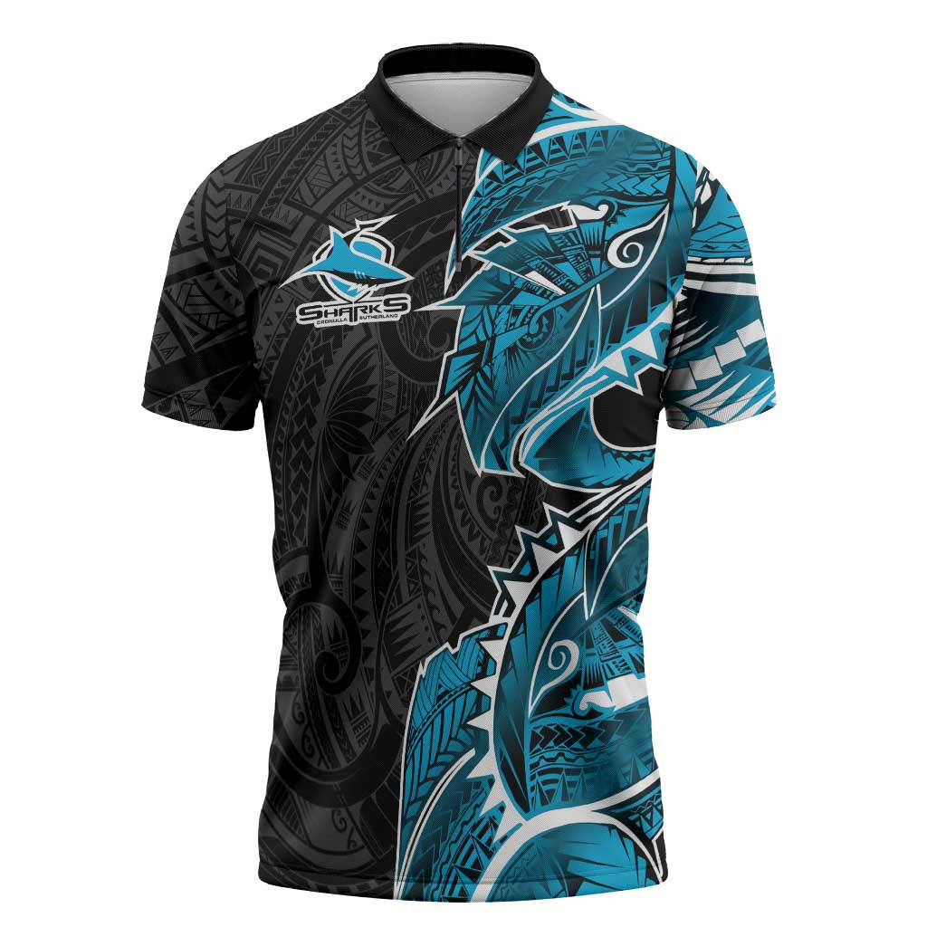 Cronulla Sharks Zipper Polo Shirt Polynesian Tribal Tattoo Pacific Sport Art